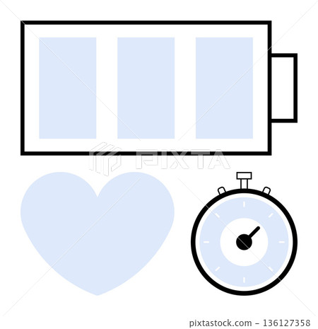 Wellness, energy efficiency, time management, productivity, health, sustainable habits. Battery icon, heart symbol stopwatch. Energy efficiency and time management concepts Wellness, energy efficiency, time management, productivity, health, sustainable habits. Battery icon, heart symbol stopwatch. Energy efficiency and time management concepts 136127358