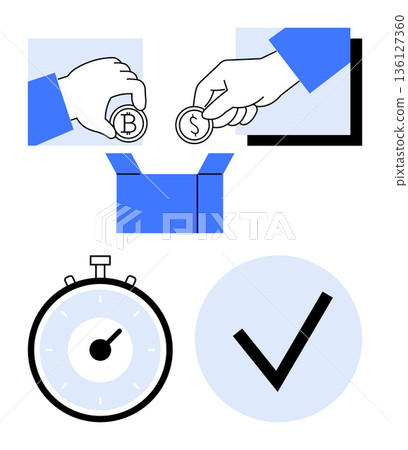 Cryptocurrency fintech solutions, digital transactions, secure payments, financial exchanges, online trading, fund transfers. Coins being exchanged, clock and checkmark symbols. Cryptocurrency Cryptocurrency fintech solutions, digital transactions, secure payments, financial exchanges, online trading, fund transfers. Coins being exchanged, clock and checkmark symbols. Cryptocurrency 136127360