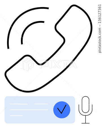 Customer service, voice recognition, verification, virtual assistance, calling systems, online communication. Phone icon with sound waves, checkmark and microphone. Customer service and voice 136127361
