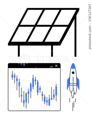 Sustainability, energy growth, clean technology, financial investment, innovation, success. Solar panel, stock chart and a rocket design. Sustainability and energy growth visualization Sustainability, energy growth, clean technology, financial investment, innovation, success. Solar panel, stock chart and a rocket design. Sustainability and energy growth visualization 136127367
