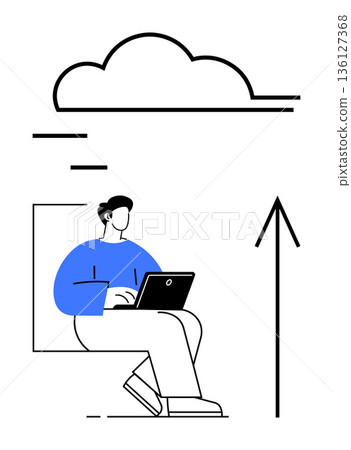 Cloud computing, data upload, remote work, online storage, wireless technology, minimal design. A person seated with a laptop beneath a cloud icon and arrow. Cloud computing and data upload concept Cloud computing, data upload, remote work, online storage, wireless technology, minimal design. A person seated with a laptop beneath a cloud icon and arrow. Cloud computing and data upload concept 136127368