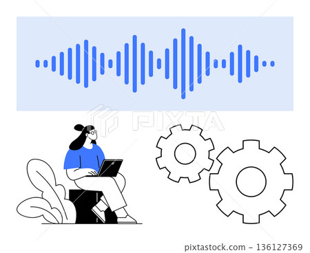 Audio analysis, workflow automation, sound design, technology, innovation, teamwork. A woman using a laptop with audio waveforms and gear icons. Audio analysis and workflow automation concept Audio analysis, workflow automation, sound design, technology, innovation, teamwork. A woman using a laptop with audio waveforms and gear icons. Audio analysis and workflow automation concept 136127369