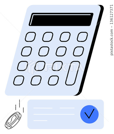 Budget management, payment processing, accounting, finance, business planning, verification. Calculator, coin dropping payment receipt and checkmark. Budget planning and payment processing concept 136127371