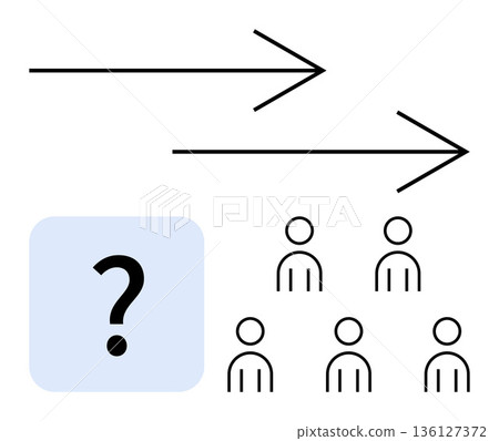 Business planning, leadership, decision-making, teamwork, strategy, communication. A question mark with arrows pointing to a group of people. Business planning and leadership illustration Business planning, leadership, decision-making, teamwork, strategy, communication. A question mark with arrows pointing to a group of people. Business planning and leadership illustration 136127372