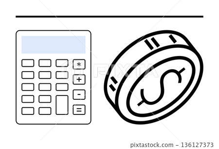 Budgeting, financial planning, accounting, business analysis, cost management, profit calculation. Image of a calculator and coin with dollar sign. Budgeting and financial planning concept Budgeting, financial planning, accounting, business analysis, cost management, profit calculation. Image of a calculator and coin with dollar sign. Budgeting and financial planning concept 136127373