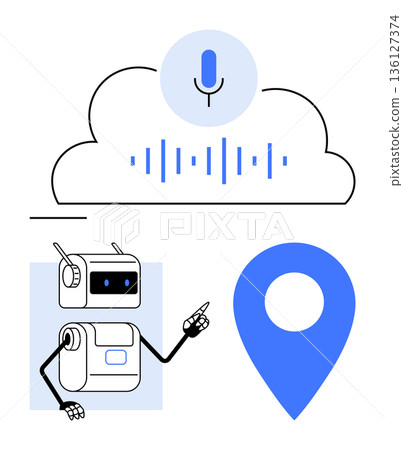 Voice recognition, AI robots, cloud computing, geolocation services, smart technology, data processing. A cloud with a microphone, a robot interacting and a geolocation pin icon. Voice recognition Voice recognition, AI robots, cloud computing, geolocation services, smart technology, data processing. A cloud with a microphone, a robot interacting and a geolocation pin icon. Voice recognition 136127374