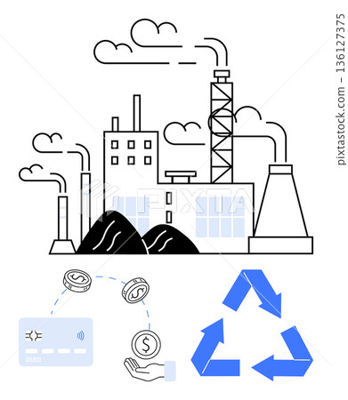 Environmental sustainability, industry, economic exchange, recycling, green energy, pollution. Factory with chimneys and recycling symbol. Environmental sustainability and industry concept 136127375