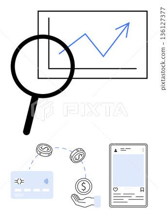 Financial growth, online transactions, digital payments, e-commerce, economic trends, fintech innovation. Magnifying glass over growth chart, coin exchange smartphone display. Financial growth 136127377