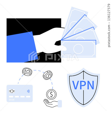 Financial security, payment systems, VPN, online transactions, cybersecurity, digital finance. Illustrations of cash, credit card coins and shield with VPN text. Financial security and VPN 136127379