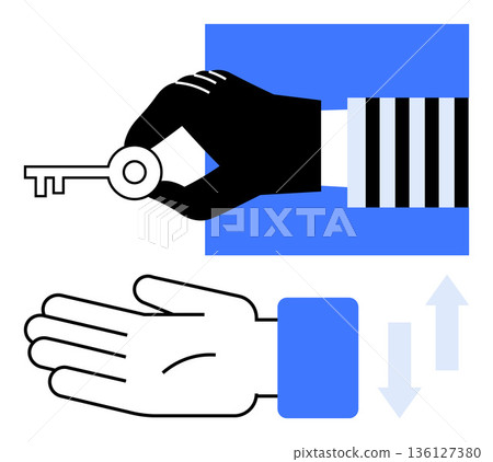 Security, access control, transaction, trust, exchange, handover. Black hand holding a key, white hand open below arrows indicating transfer. Security and access control concept Security, access control, transaction, trust, exchange, handover. Black hand holding a key, white hand open below arrows indicating transfer. Security and access control concept 136127380