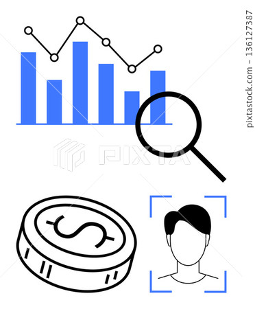 Data analysis, business trends, financial security, identity verification, biometrics, search technology. Bar graph, magnifying glass coin and face scan icon. Data analysis and financial security Data analysis, business trends, financial security, identity verification, biometrics, search technology. Bar graph, magnifying glass coin and face scan icon. Data analysis and financial security 136127387