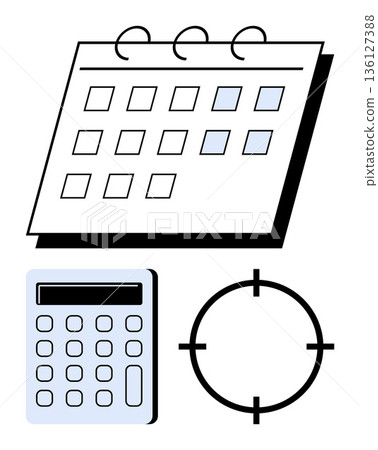 Time management, financial planning, goal tracking, productivity tools, task organization, strategic planning. A calendar, calculator and target circle. Time management and financial planning Time management, financial planning, goal tracking, productivity tools, task organization, strategic planning. A calendar, calculator and target circle. Time management and financial planning 136127388