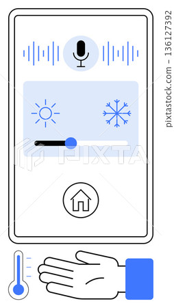 Smart home, technology, voice control, automation, IoT devices, climate management. A digital interface showing temperature control with voice command and hand gesture icons. Smart home 136127392