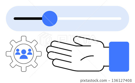 User interface, teamwork, system optimization, business management, decision-making, organizational tools. A slider, a hand gesture and a gear icon with user symbols. User interface and teamwork 136127408