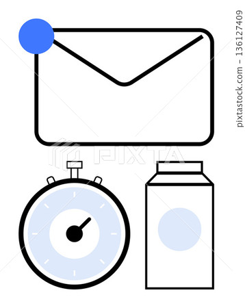 Digital communication, time tracking, notification systems, minimalism, task organization, and delivery services. Enveloped with notification, stopwatch and milk carton. Communication and time 136127409