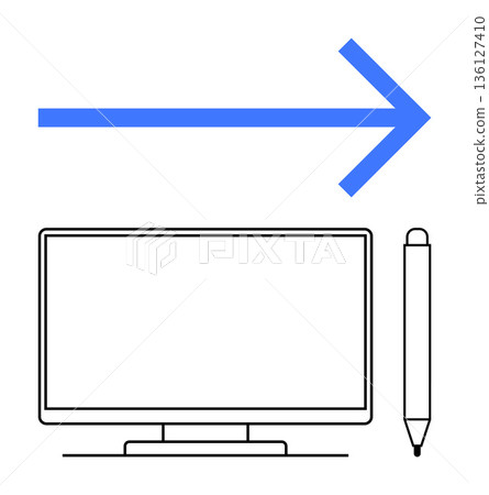 Design, creativity, technology, innovation, graphic design, workflow efficiency. Minimalistic of a monitor, stylus and arrow. Design and creativity highlighted in a streamlined layout 136127410