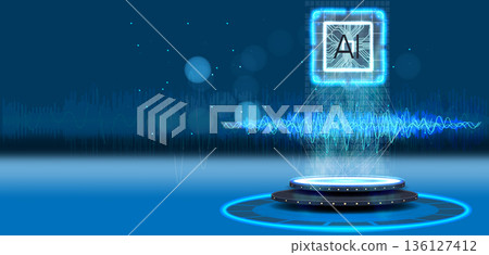 Artificial intelligence technology displayed with glowing circuits and sound waves in a digital space during the day in a virtual environment Artificial intelligence technology displayed with glowing circuits and sound waves in a digital space during the day in a virtual environment 136127412