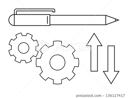 Workflow management, productivity, concept creation, engineering processes, brainstorming, decision-making. A pen, two gear shapes and arrows pointing up and down. Productivity and workflow Workflow management, productivity, concept creation, engineering processes, brainstorming, decision-making. A pen, two gear shapes and arrows pointing up and down. Productivity and workflow 136127417
