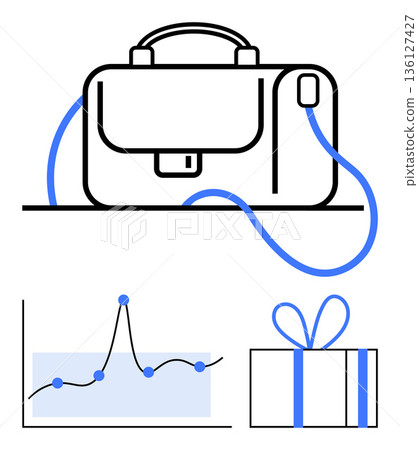 Work-life management, performance tracking, data analysis, corporate lifestyle, productivity, gift ideas. Minimalist image with a bag, analytics chart and gift box. Work-life management 136127427