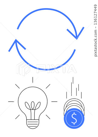 Business development, financial growth, innovation, creativity, problem solving, economic progress. Circular arrow, light bulb and falling coins. Innovation and financial growth concept Business development, financial growth, innovation, creativity, problem solving, economic progress. Circular arrow, light bulb and falling coins. Innovation and financial growth concept 136127449