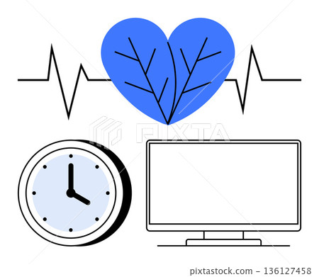 Healthcare, time management, digital health, wellness monitoring, telemedicine, productivity. Blue heart with heartbeat lines, clock and computer screen. Healthcare and time management concepts Healthcare, time management, digital health, wellness monitoring, telemedicine, productivity. Blue heart with heartbeat lines, clock and computer screen. Healthcare and time management concepts 136127458