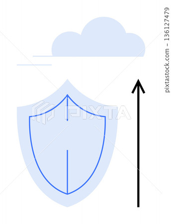 Cloud computing, cybersecurity, data protection, online storage, information transfer, digital safety. A shield, cloud and upward arrow. Cloud computing and cybersecurity Cloud computing, cybersecurity, data protection, online storage, information transfer, digital safety. A shield, cloud and upward arrow. Cloud computing and cybersecurity 136127479