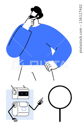 Artificial intelligence, innovation, decision making, problem solving, search optimization, new ideas. A person thinking, a robot pointing and a magnifying glass icon. Artificial intelligence 136127482