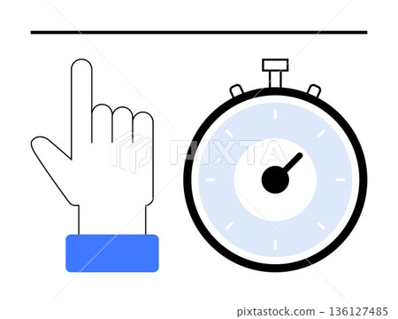 Time management, decision-making, productivity, deadlines, scheduling, and urgency. Hand pointing upward beside a stopwatch. Time management and decision-making concept Time management, decision-making, productivity, deadlines, scheduling, and urgency. Hand pointing upward beside a stopwatch. Time management and decision-making concept 136127485