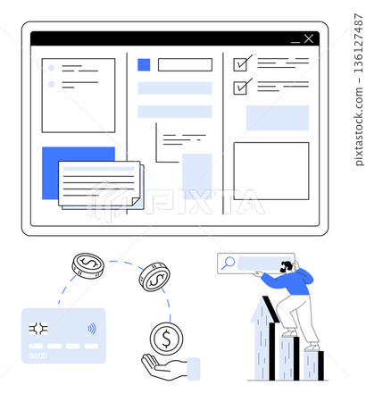 Business management, finance, online transactions, digital tools, analytics, innovation. Interface dashboard, payment process and search concept. Business management and finance visualization 136127487