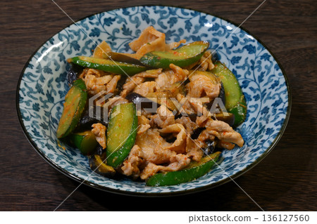 Spicy stir-fried pork, eggplant and cucumber with miso 136127560