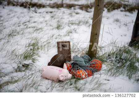 Winter still life with eco bag, citrus fruit, avocado and pig toy on snowy grass Winter still life with eco bag, citrus fruit, avocado and pig toy on snowy grass 136127702