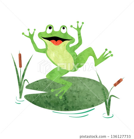 Cartoon Frog on lily pad. Vector watercolor illustration Cartoon Frog on lily pad. Vector watercolor illustration 136127733