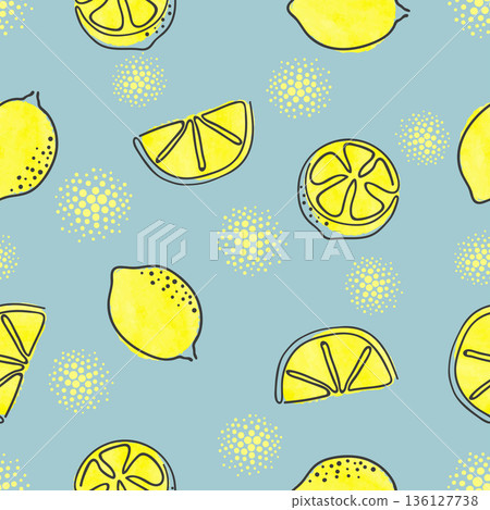 Seamless one line lemons pattern. Minimal citrus lemon fruit vector print Seamless one line lemons pattern. Minimal citrus lemon fruit vector print 136127738
