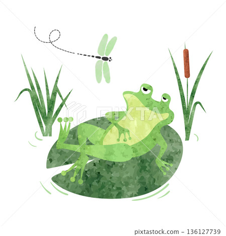Cartoon lazy Frog on lily pad. Vector watercolor illustration for kids 136127739
