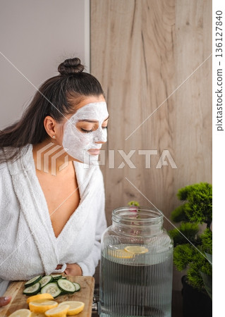 Young Woman Applying a Facial Mask at Home Spa 136127840