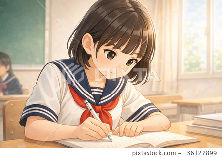 高中女生在教室裡穿著制服學習插畫並做筆記 136127899
