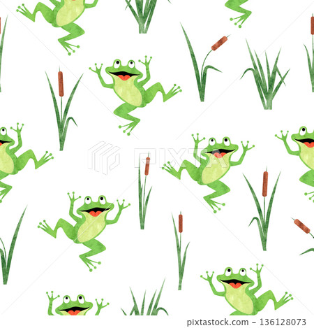 Cartoon watercolor frog pattern. Seamless vector marsh background 136128073