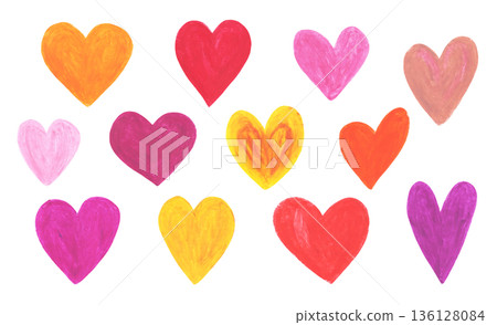 Hand drawn crayon pastel set of bright colorful pink, red and orange heart shapes. Bright oil pencils drawing hearts symbols for love graphic design, pattern, Valentine day greeting cards Hand drawn crayon pastel set of bright colorful pink, red and orange heart shapes. Bright oil pencils drawing hearts symbols for love graphic design, pattern, Valentine day greeting cards 136128084