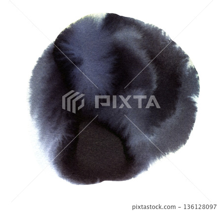 Artistic indigo black textured watercolor ink round shape stain. Creative dark gray brush stroke painting watercolour circle background for texture, abstract water or cosmos concept Artistic indigo black textured watercolor ink round shape stain. Creative dark gray brush stroke painting watercolour circle background for texture, abstract water or cosmos concept 136128097