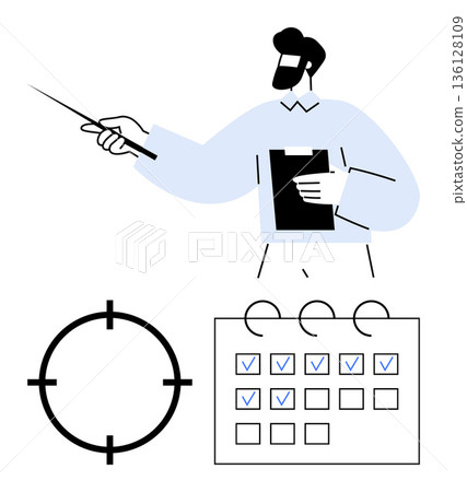 Task organization, goal setting, business planning, project management, productivity, efficiency. Man holding clipboard pointing at chart with checklist and target circle. Task organization and goal Task organization, goal setting, business planning, project management, productivity, efficiency. Man holding clipboard pointing at chart with checklist and target circle. Task organization and goal 136128109
