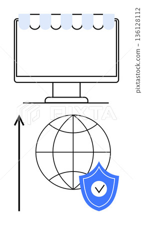 E-commerce, security, data protection, internet business, growth, global connectivity. Monitor with storefront, globe with shield. E-commerce and security concept emphasizing global connectivity E-commerce, security, data protection, internet business, growth, global connectivity. Monitor with storefront, globe with shield. E-commerce and security concept emphasizing global connectivity 136128112