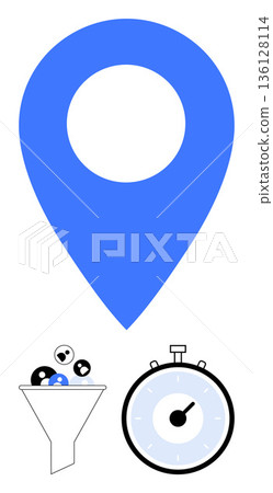 Data processing, location tracking, efficiency, time management, technology, analytics. Large blue location marker, funnel filtering data and stopwatch. Location tracking and data processing concept Data processing, location tracking, efficiency, time management, technology, analytics. Large blue location marker, funnel filtering data and stopwatch. Location tracking and data processing concept 136128114
