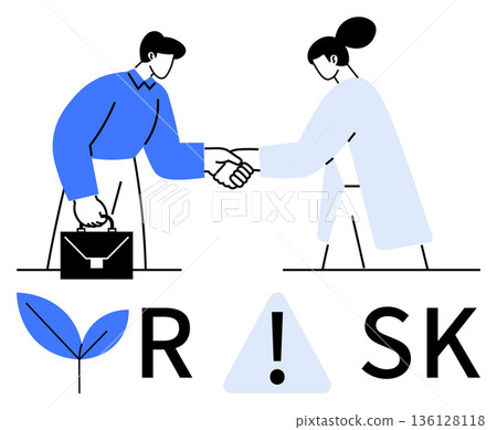 Business partnerships, risk management, corporate agreements, teamwork, decision-making, collaboration. Two people shaking hands near risk symbols and a growth leaf. Business partnerships and risk Business partnerships, risk management, corporate agreements, teamwork, decision-making, collaboration. Two people shaking hands near risk symbols and a growth leaf. Business partnerships and risk 136128118