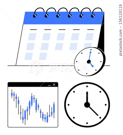 Time management, scheduling, productivity, business planning, financial analytics, investment tracking. Contains a calendar, clocks and a data chart. Time management and scheduling visually Time management, scheduling, productivity, business planning, financial analytics, investment tracking. Contains a calendar, clocks and a data chart. Time management and scheduling visually 136128119