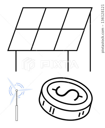 Renewable energy, sustainability, green finance, clean energy sources, eco solutions, solar energy. Outline of solar panel, wind turbine and a coin. Renewable energy and sustainability ideas Renewable energy, sustainability, green finance, clean energy sources, eco solutions, solar energy. Outline of solar panel, wind turbine and a coin. Renewable energy and sustainability ideas 136128121