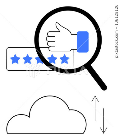 Customer satisfaction, online reviews, cloud storage, data upload, content ranking, quality management. A magnifying glass over a thumbs-up and rating stars, with a cloud and data transfer arrows Customer satisfaction, online reviews, cloud storage, data upload, content ranking, quality management. A magnifying glass over a thumbs-up and rating stars, with a cloud and data transfer arrows 136128126