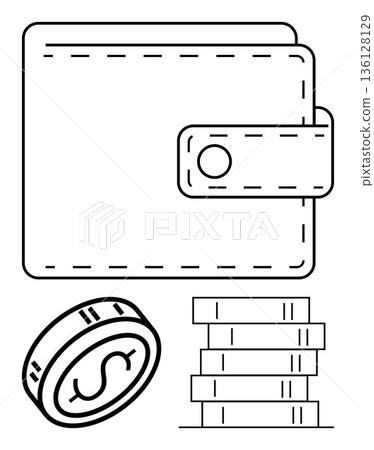 Finance, money management, savings, budgeting, economic growth, investment strategy. Minimalist wallet with a coin and stacked money. Finance and money management concept Finance, money management, savings, budgeting, economic growth, investment strategy. Minimalist wallet with a coin and stacked money. Finance and money management concept 136128129