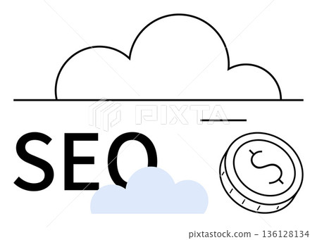 Digital marketing, financial strategy, online optimization, cloud technology, SEO planning, economic growth. Cloud outline, SEO text and coin illustration. Digital marketing and financial strategy 136128134