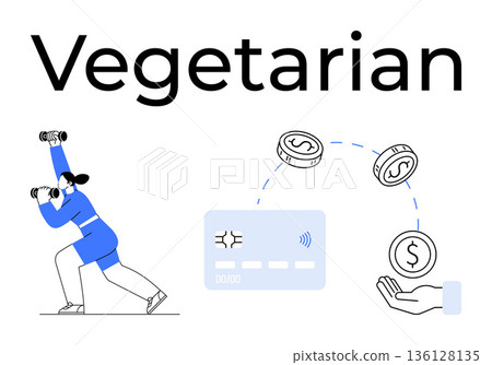 Healthy lifestyle, fitness, money management, diet choices, financial planning, personal growth. Person lifting weights, credit card coins and hand. Fitness and healthy lifestyle illustration Healthy lifestyle, fitness, money management, diet choices, financial planning, personal growth. Person lifting weights, credit card coins and hand. Fitness and healthy lifestyle illustration 136128135