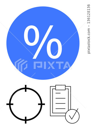 Business goals, financial planning, accuracy, evaluation, performance, data assessment. Blue percentage symbol, target icon checklist with a checkmark. Financial planning and evaluation concept Business goals, financial planning, accuracy, evaluation, performance, data assessment. Blue percentage symbol, target icon checklist with a checkmark. Financial planning and evaluation concept 136128136